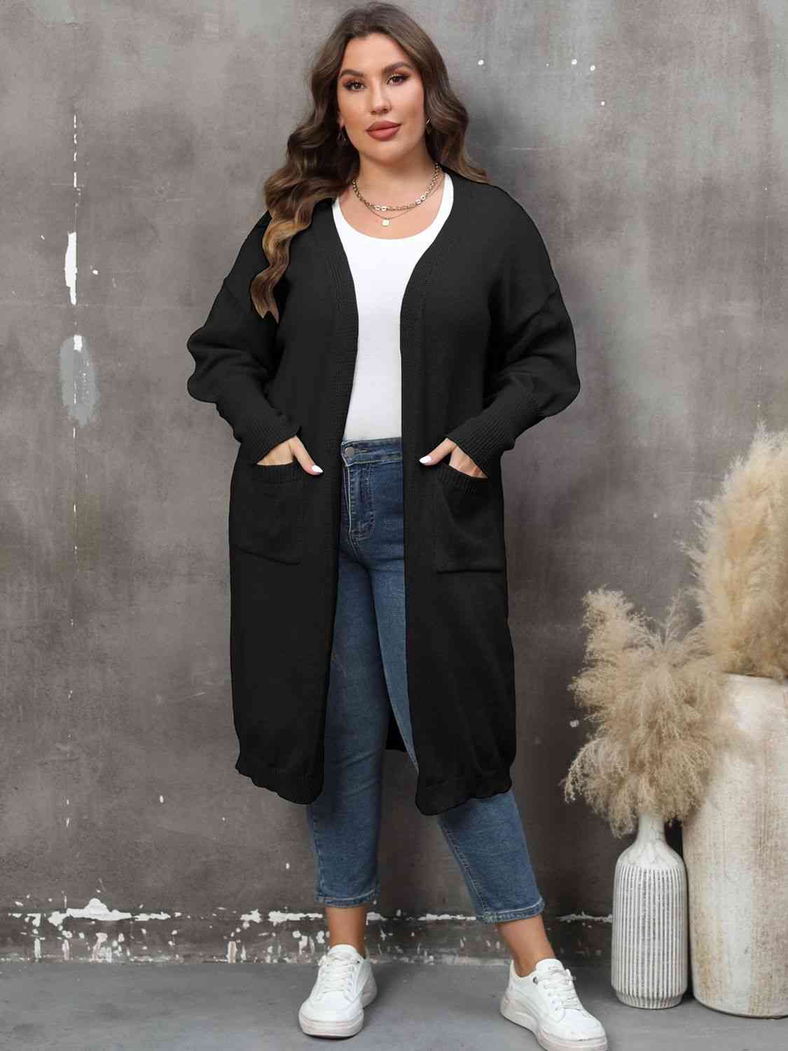 Plus Size Long Sleeve Pocketed Cardigan - TRENDMELO