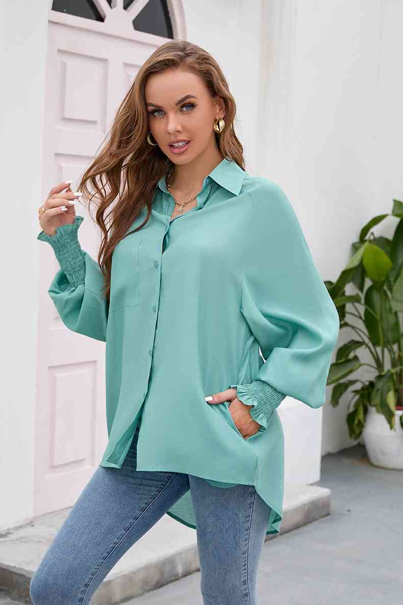 High-Low Collared Neck Lantern Sleeve Shirt - TRENDMELO