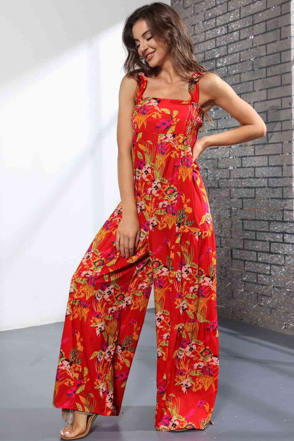 Floral Square Neck Wide Leg Jumpsuit - TRENDMELO