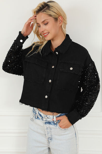 Sequin Button Up Raw Hem Denim Jacket - TRENDMELO