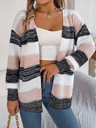 Openwork Striped Open Front Cardigan - TRENDMELO