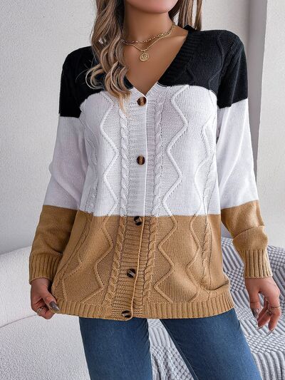 Cable-Knit Striped Button Up Cardigan - TRENDMELO