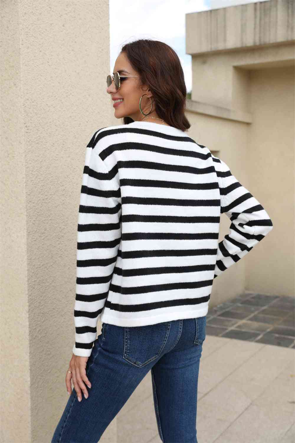 Striped Round Neck Button-Down Dropped Shoulder Cardigan - TRENDMELO