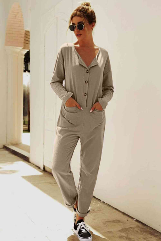 Buttoned Drop Shoulder Pocket Jumpsuit - TRENDMELO