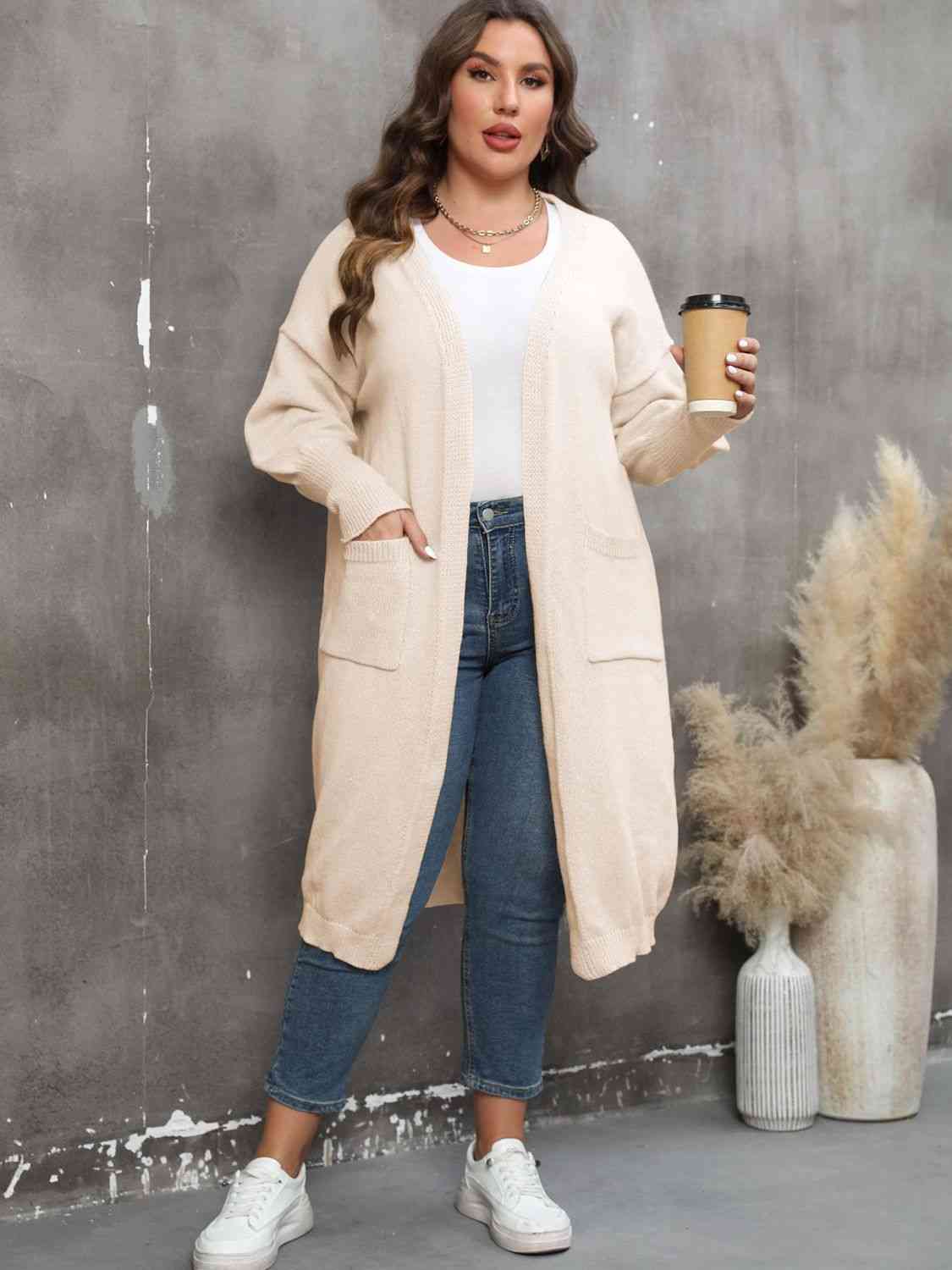 Plus Size Long Sleeve Pocketed Cardigan - TRENDMELO