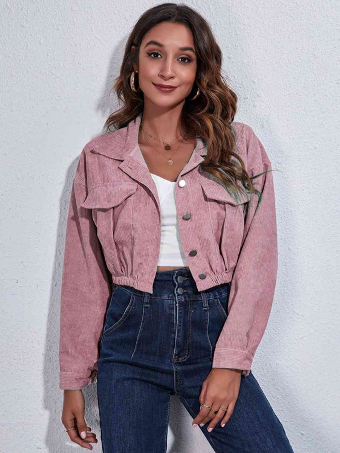 Collared Neck Dropped Shoulder Buttoned Jacket - TRENDMELO