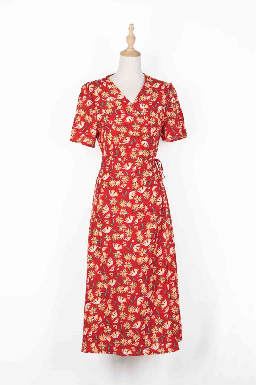 Floral Surplice Neck Short Sleeve Dress - TRENDMELO