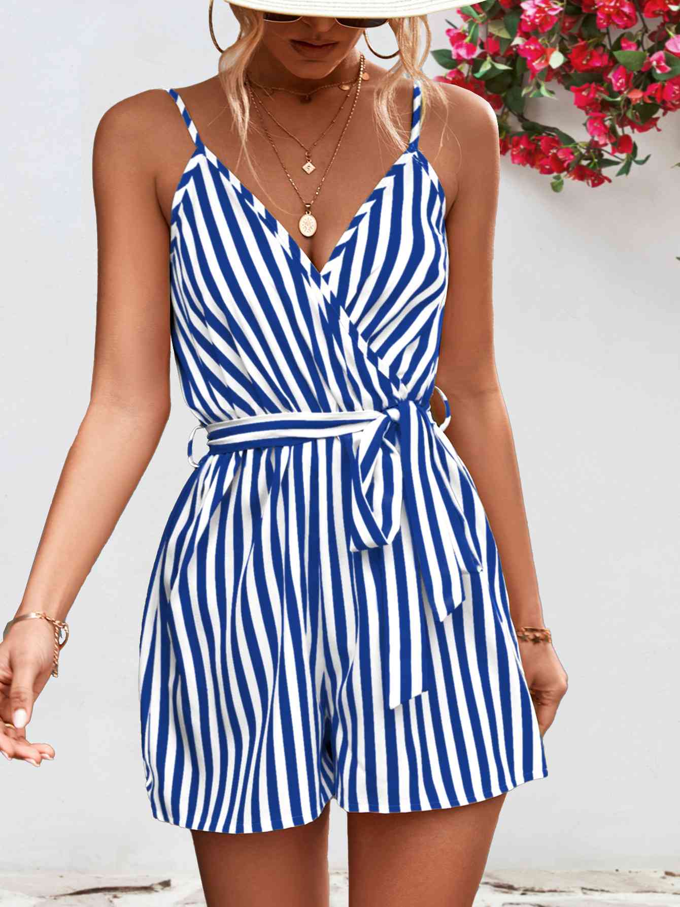 Striped Tie Waist Spaghetti Strap Romper - TRENDMELO