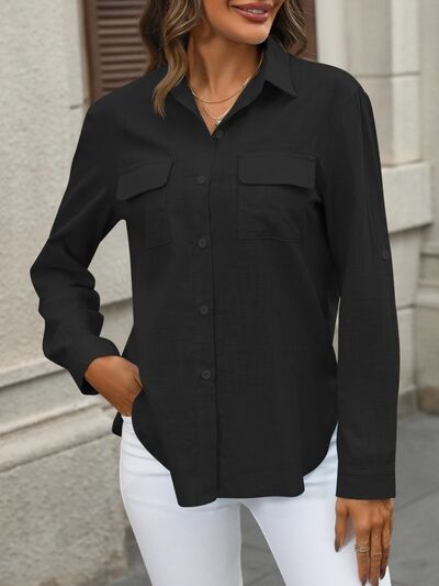 Button Up Pocketed Long Sleeve Shirt - TRENDMELO