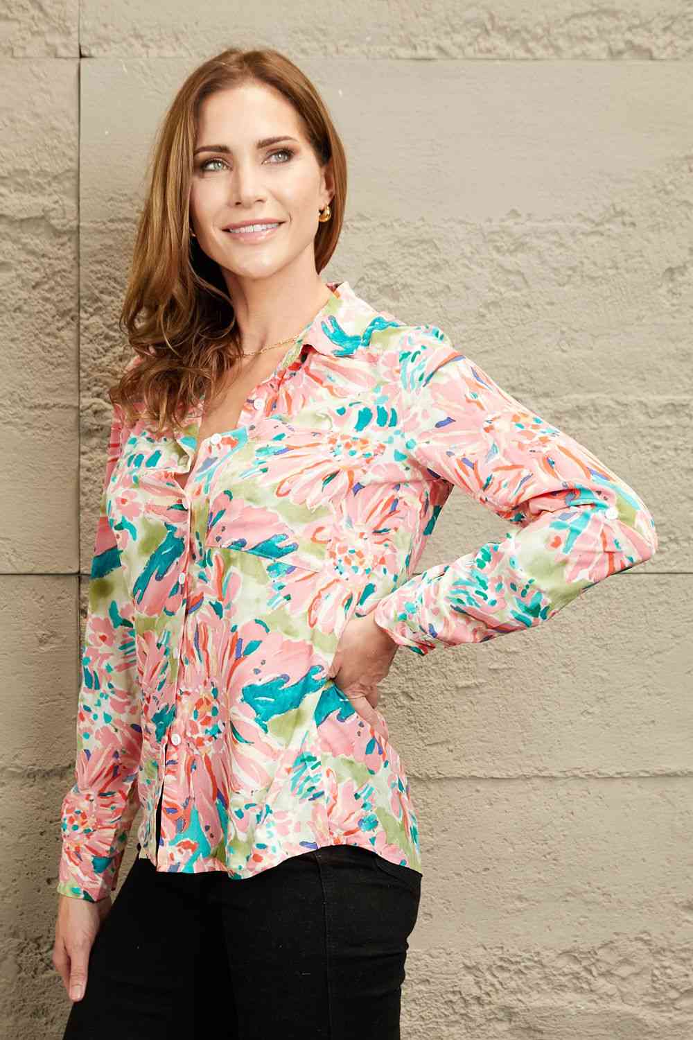 Double Take Floral Long Sleeve Collared Shirt - TRENDMELO