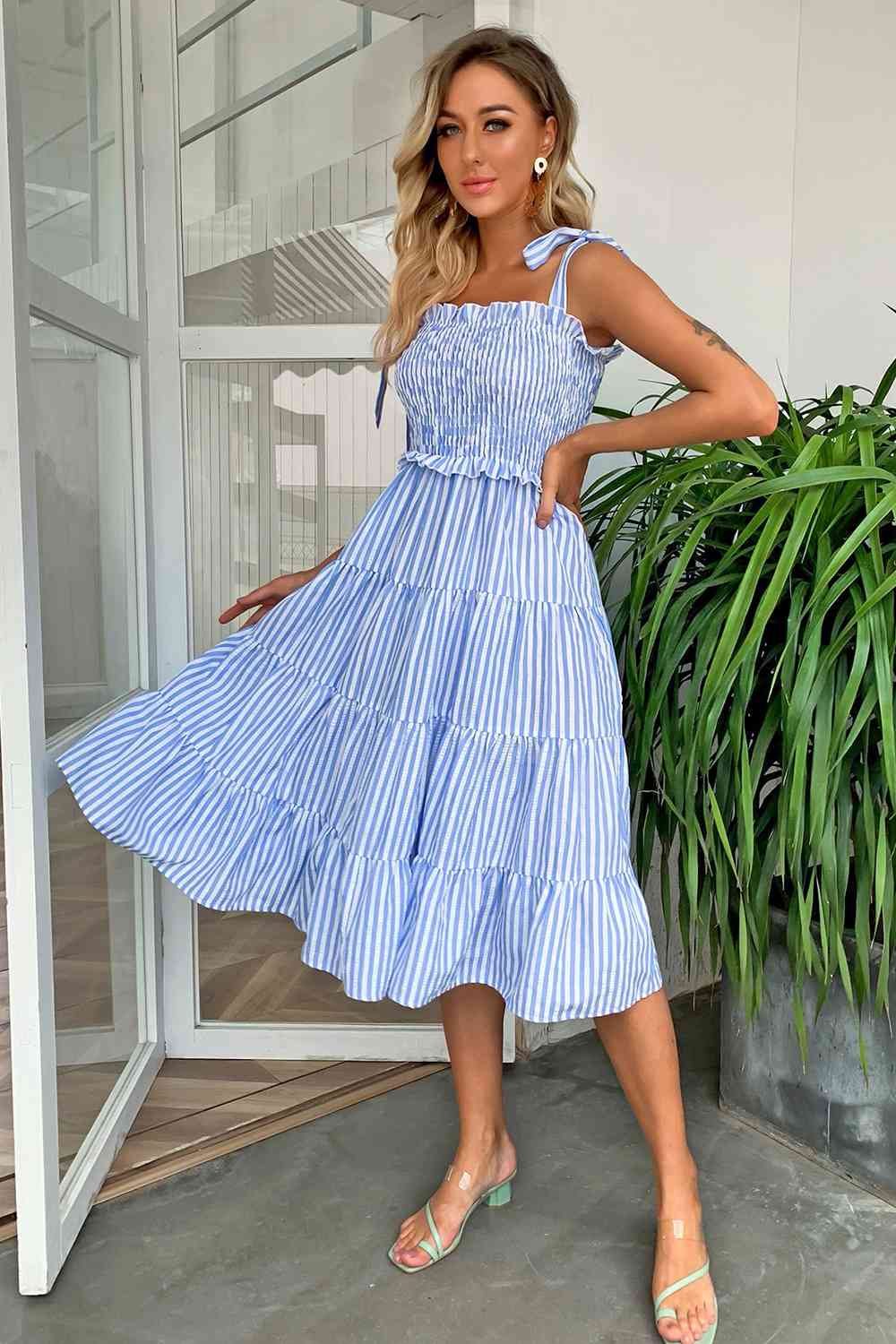 Striped Tie-Shoulder Tiered Dress - TRENDMELO