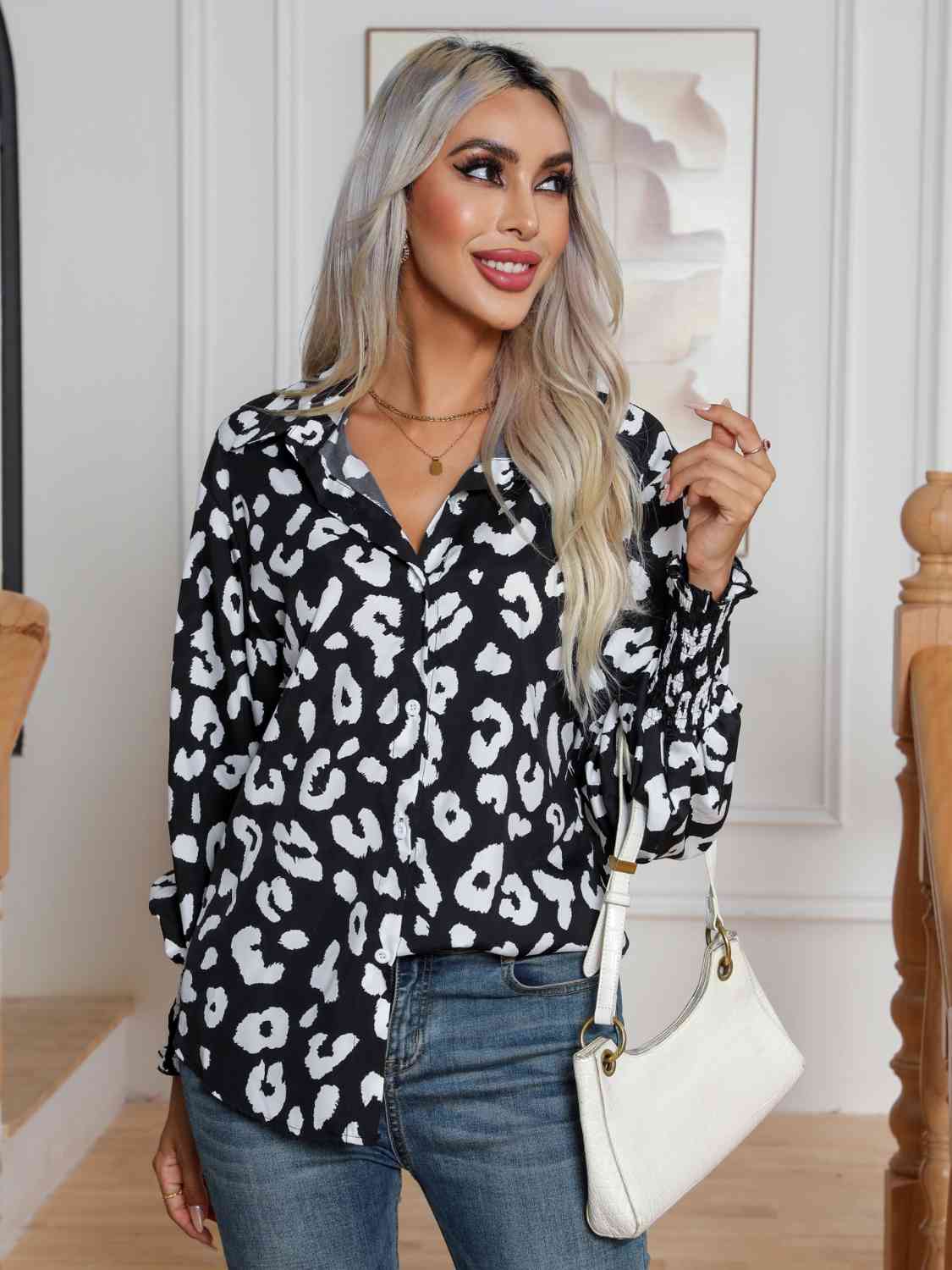 Printed Collared Neck Buttoned Lantern Sleeve Shirt - TRENDMELO