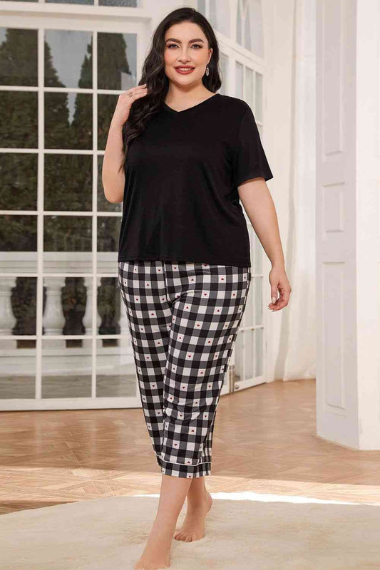 V-Neck Tee and Plaid Cropped Pants Lounge Set - TRENDMELO