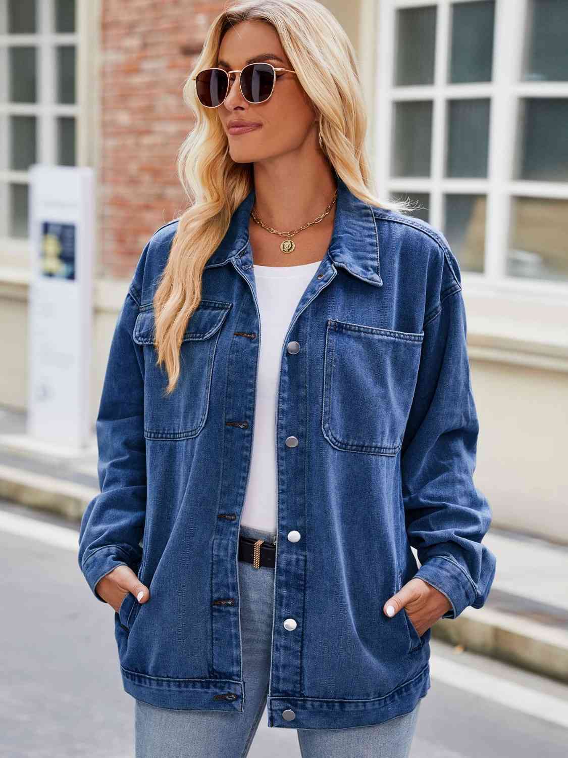 Button Up Denim Jacket with Pockets - TRENDMELO