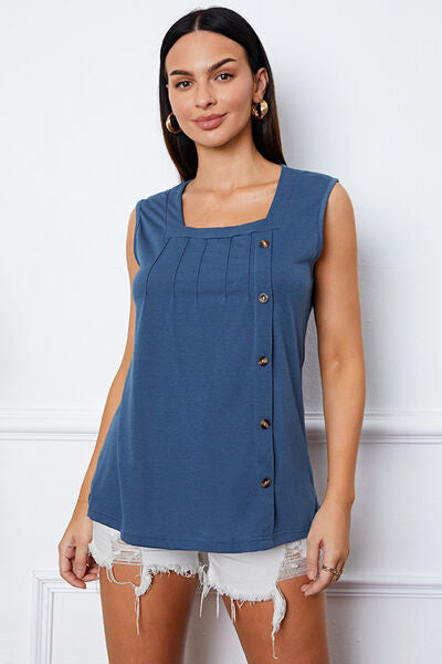 Square Neck Decorative Button Tank - TRENDMELO