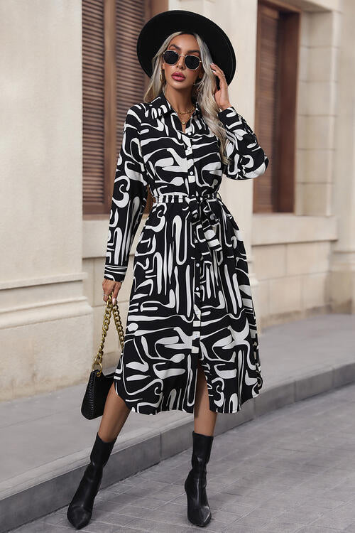 Printed Tie Front Collared Neck Slit Shirt Dress - TRENDMELO
