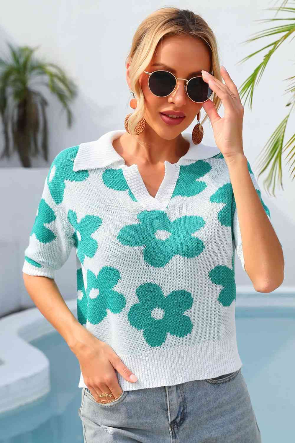 Floral Johnny Collar Half Sleeve Knit Top - TRENDMELO