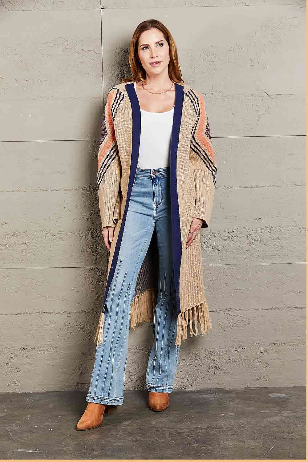 Double Take Geometric Fringe Hem Open Front Duster Cardigan - TRENDMELO