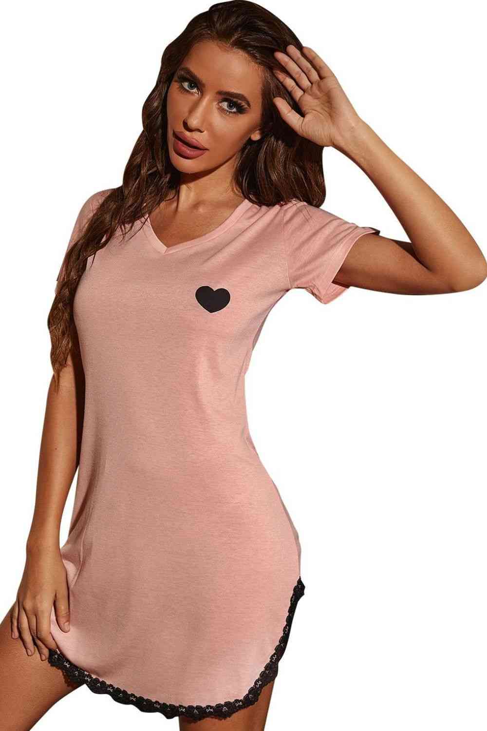 Heart Graphic Lace Trim Night Dress - TRENDMELO