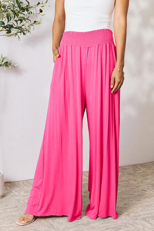 Double Take Full Size Smocked Wide Waistband Wide Leg Pants - TRENDMELO