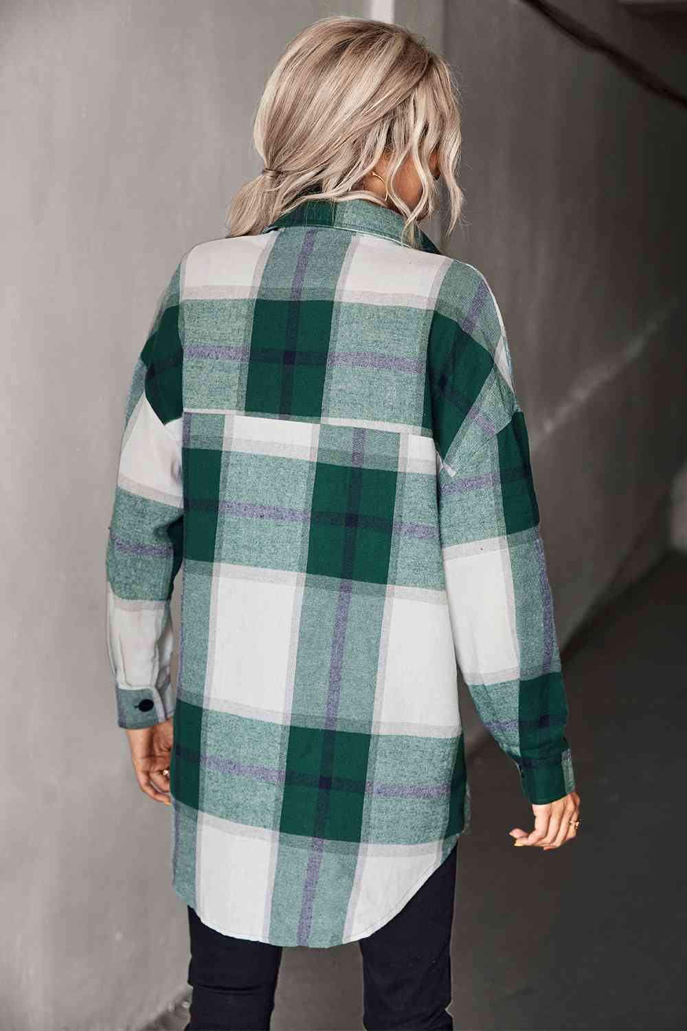 Plaid Collared Neck Longline Shirt - TRENDMELO