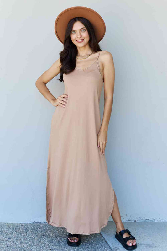 Ninexis Good Energy Full Size Cami Side Slit Maxi Dress in Camel - TRENDMELO