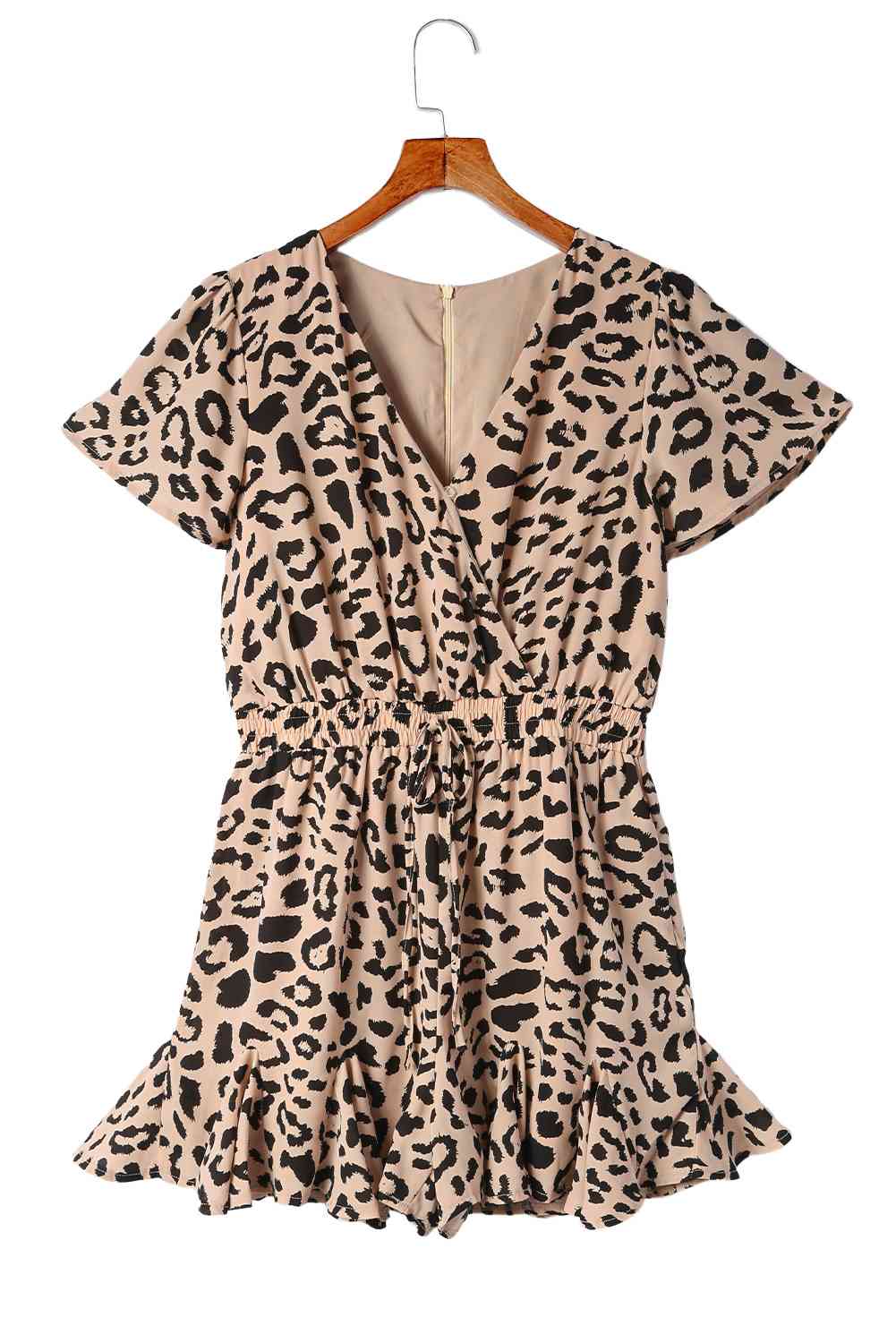 Leopard Flutter Sleeve Ruffle Hem Romper - TRENDMELO