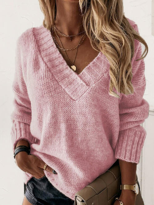 V-Neck Long Sleeve Knit Top - TRENDMELO