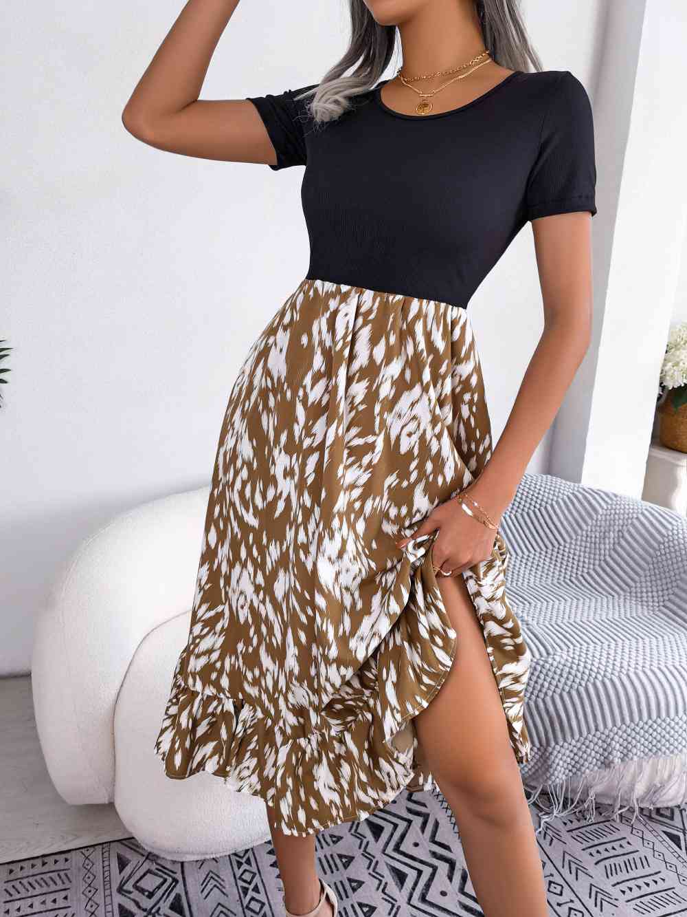 Printed Round Neck Ruffle Hem Dress - TRENDMELO