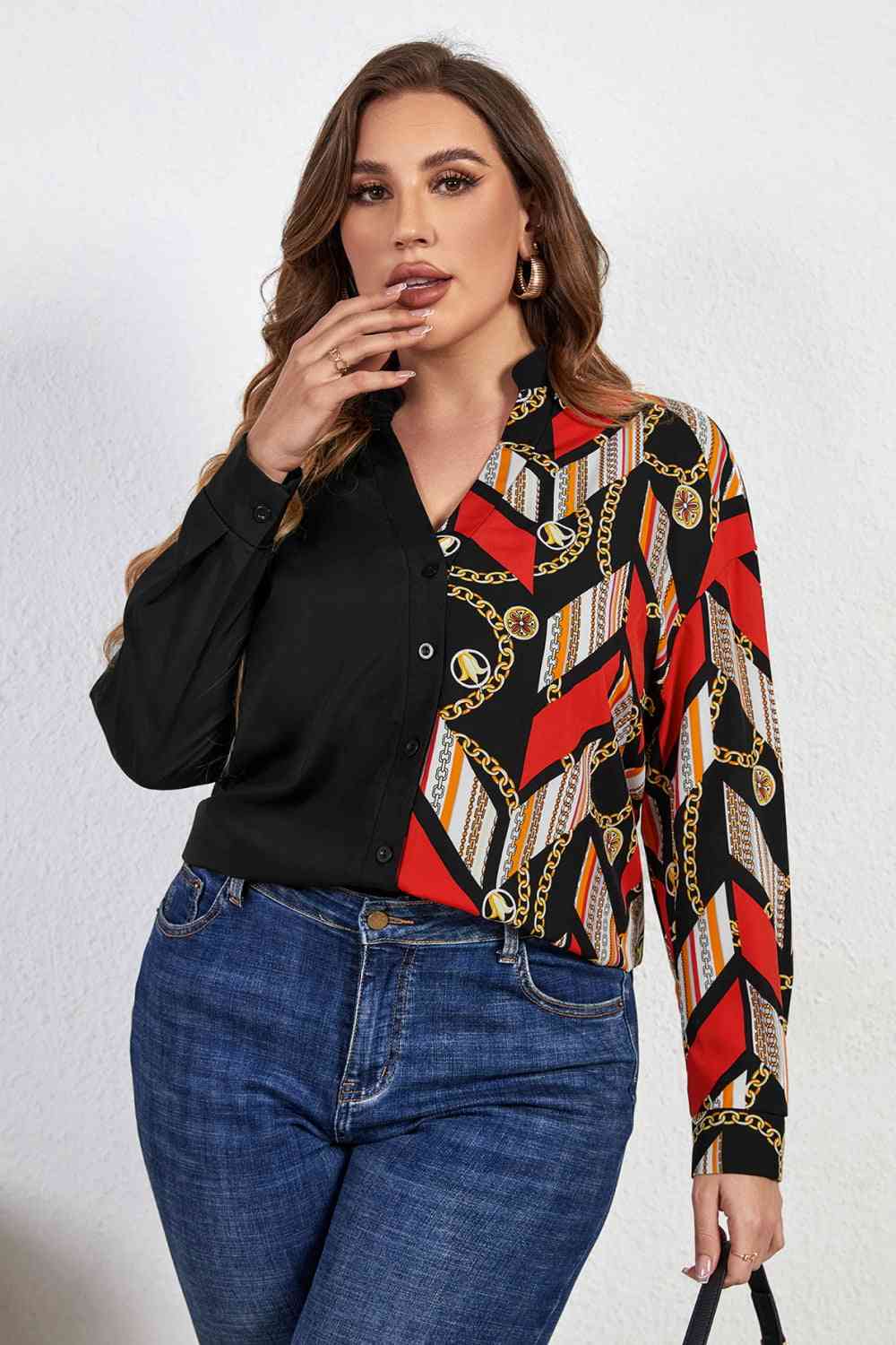 Melo Apparel Plus Size Contrast Color Notched Neck Shirt - TRENDMELO