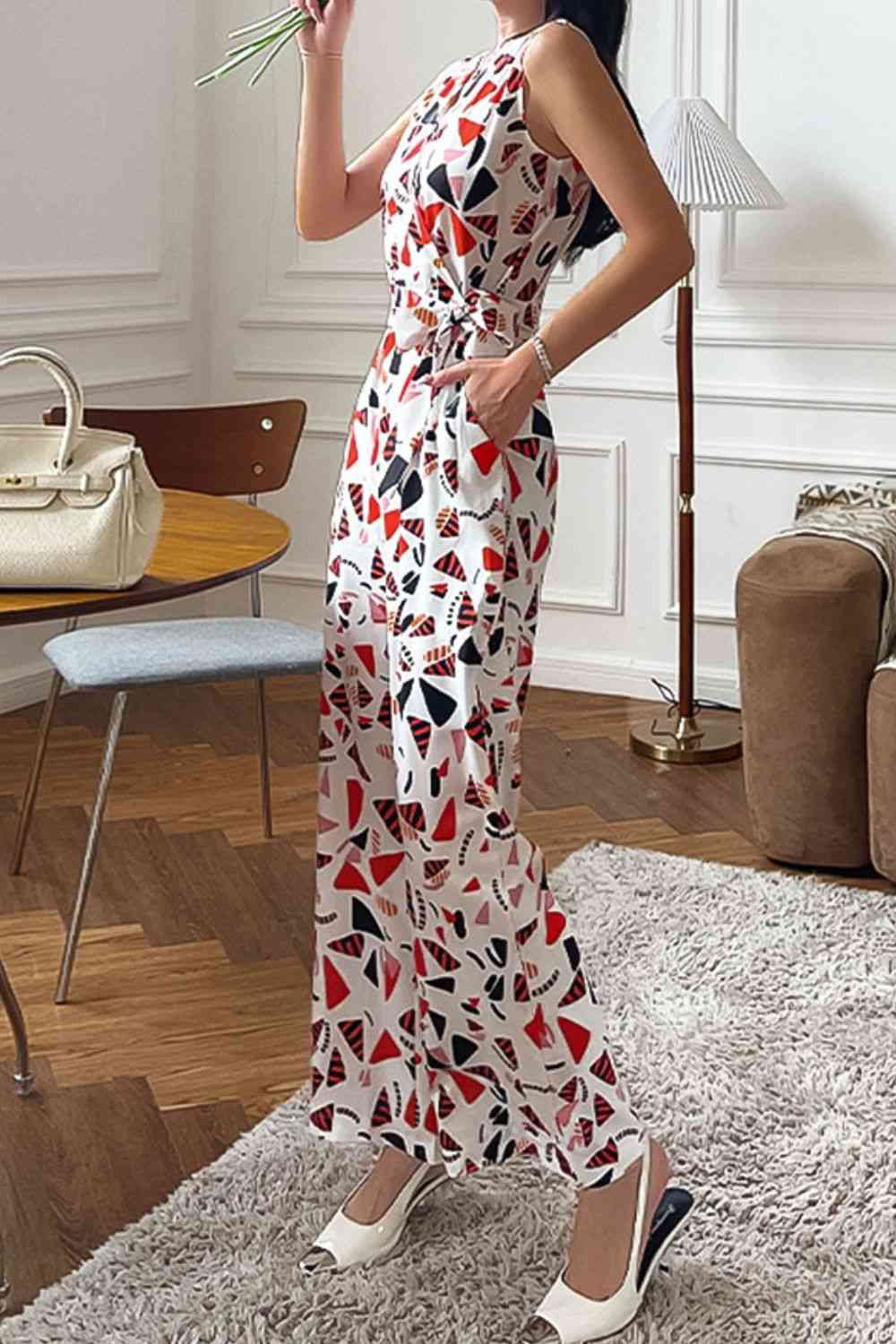 Printed Surplice Neck Sleeveless Jumpsuit - TRENDMELO