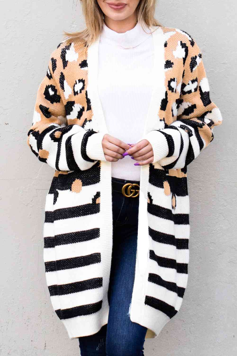 Striped Open Front Longline Cardigan - TRENDMELO