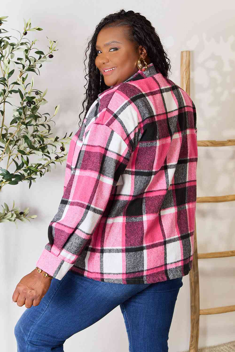 Double Take Plaid Button Up Collared Neck Jacket - TRENDMELO