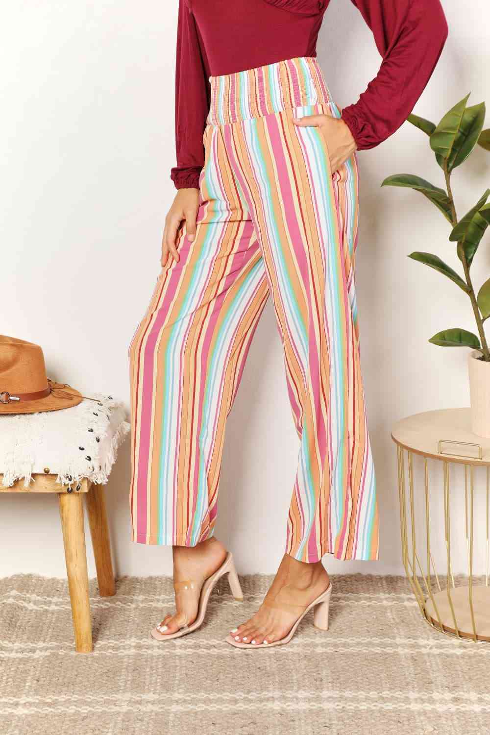 Double Take Striped Smocked Waist Pants with Pockets - TRENDMELO