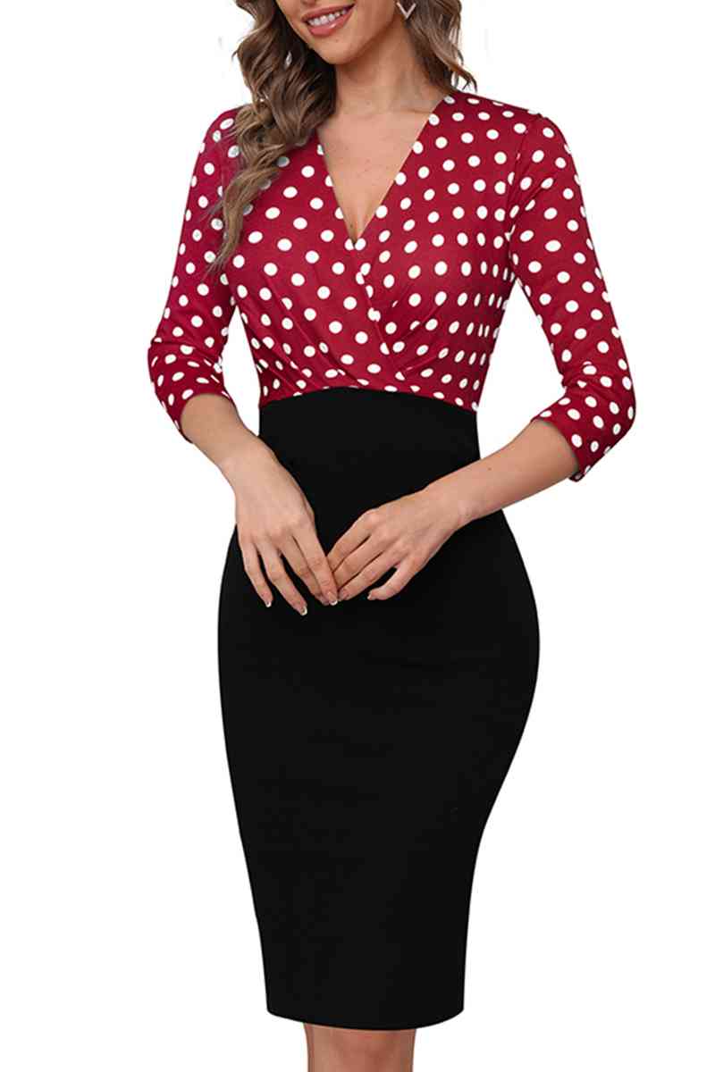 Surplice Neck Polka Dot Pencil Dress - TRENDMELO