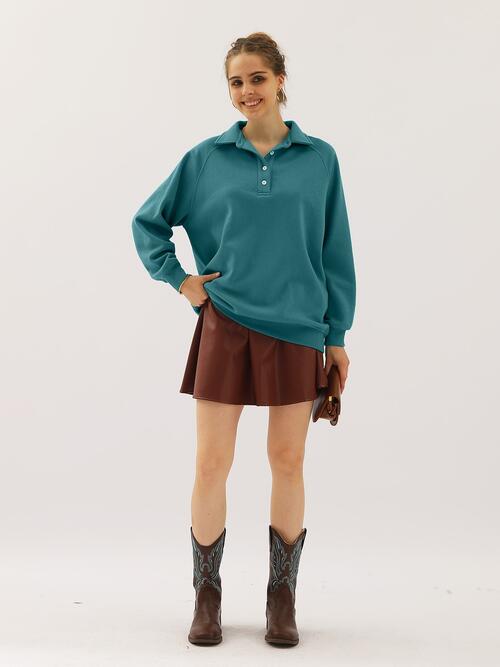 Ninexis Full Size Quarter-Button Collared Sweatshirt - TRENDMELO