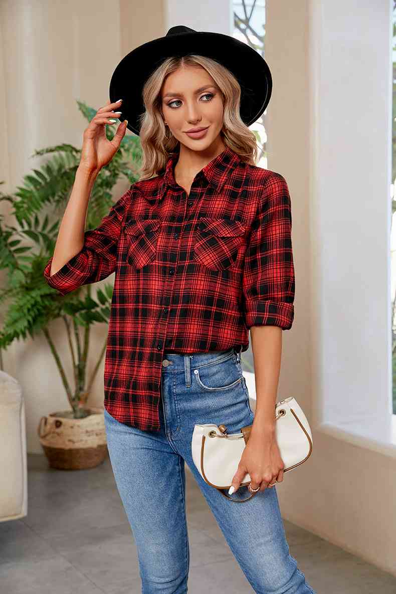 Plaid Curved Hem Long Sleeve Shirt - TRENDMELO