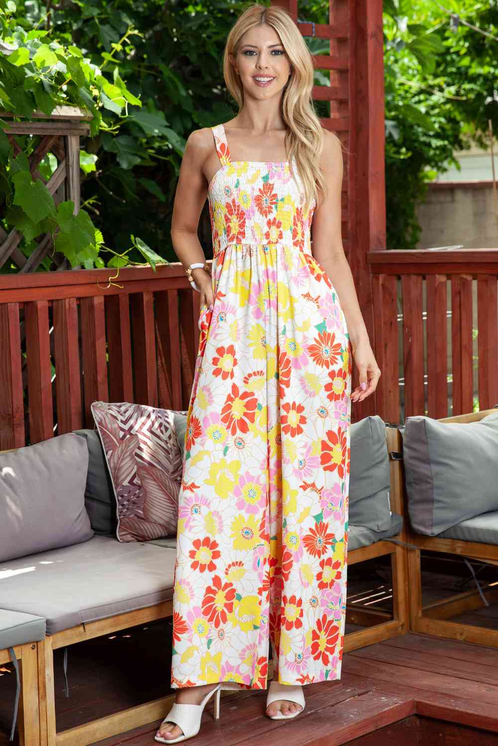 Floral Square Neck Smocked Wide Leg Jumpsuit - TRENDMELO