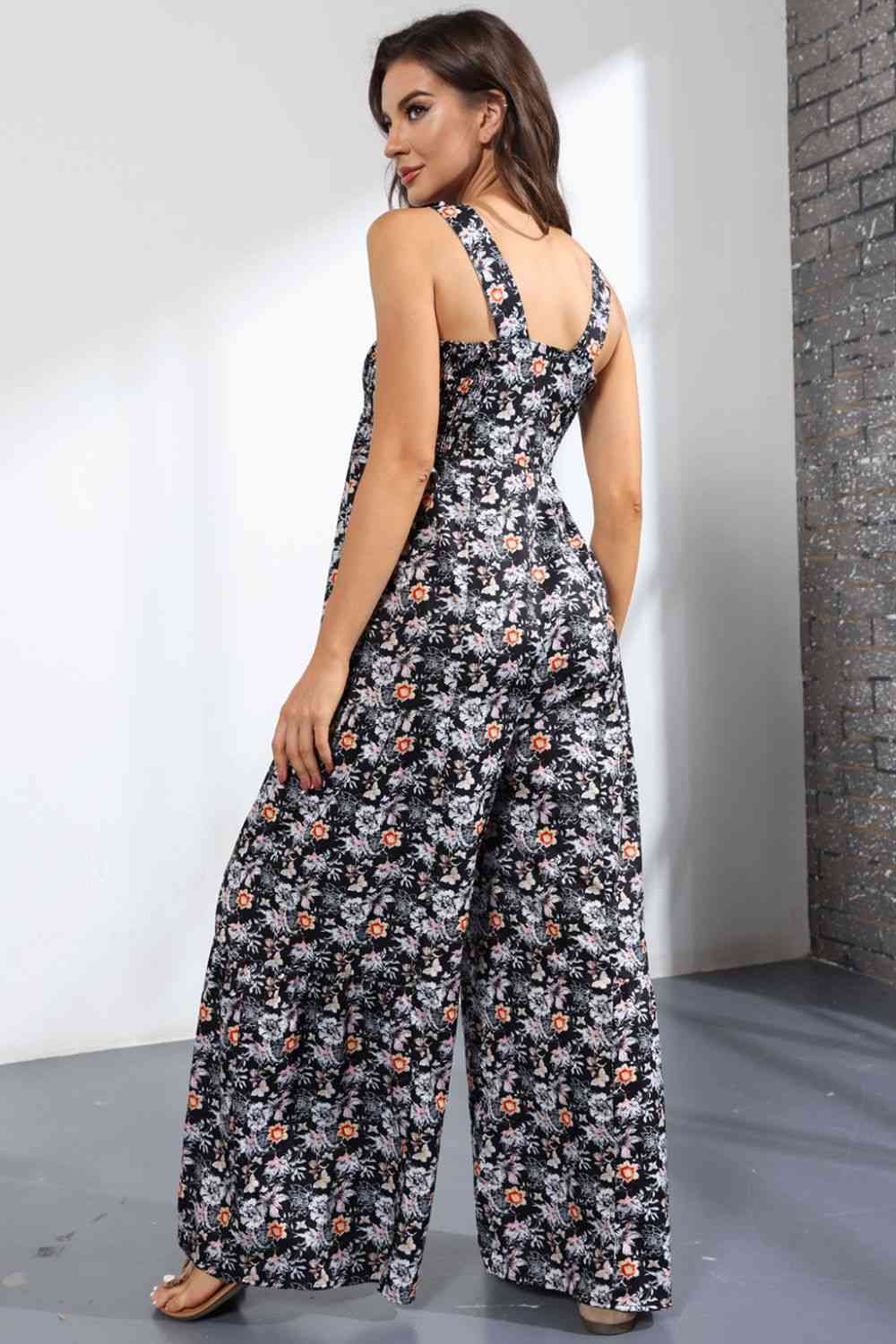 Floral Square Neck Wide Leg Jumpsuit - TRENDMELO