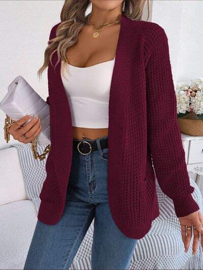 Open Front Long Sleeve Cardigan with Pockets - TRENDMELO