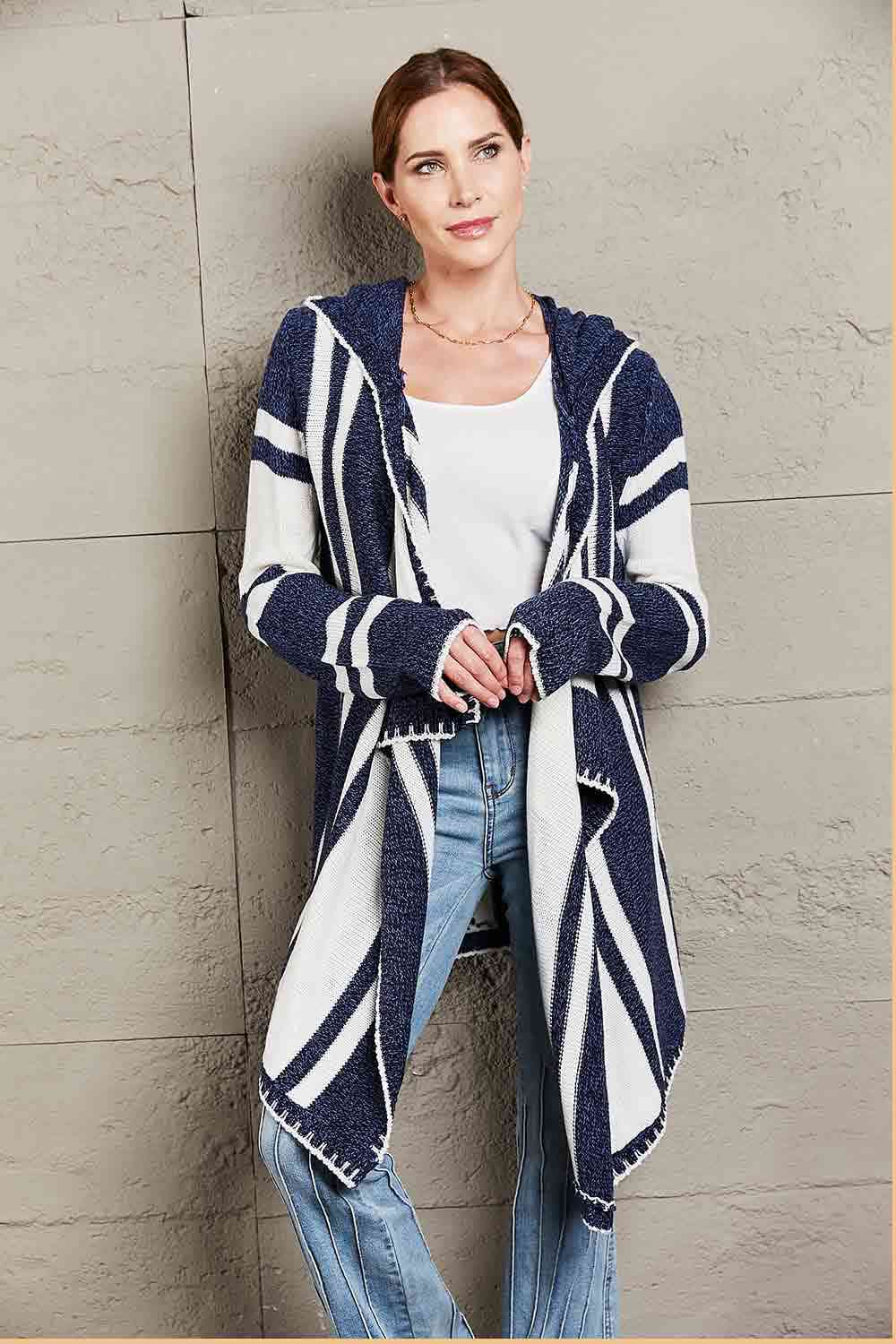 Woven Right Striped Open Front Hooded Cardigan - TRENDMELO