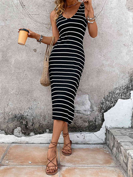 Striped Side Slit Sleeveless Midi Dress - TRENDMELO