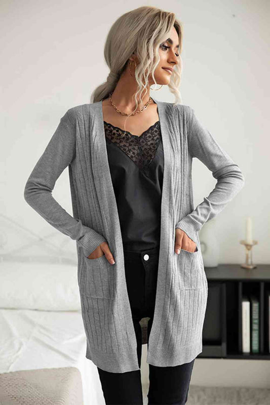 Ribbed Longline Open Front Cardigan - TRENDMELO