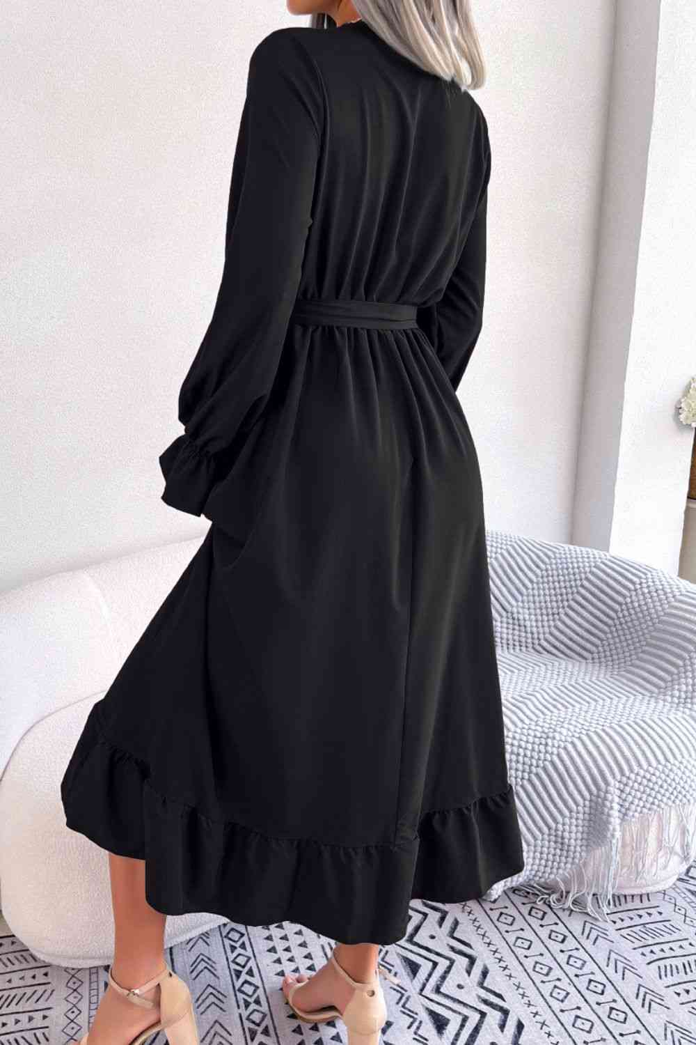 Contrast Belted Flounce Sleeve Dress - TRENDMELO