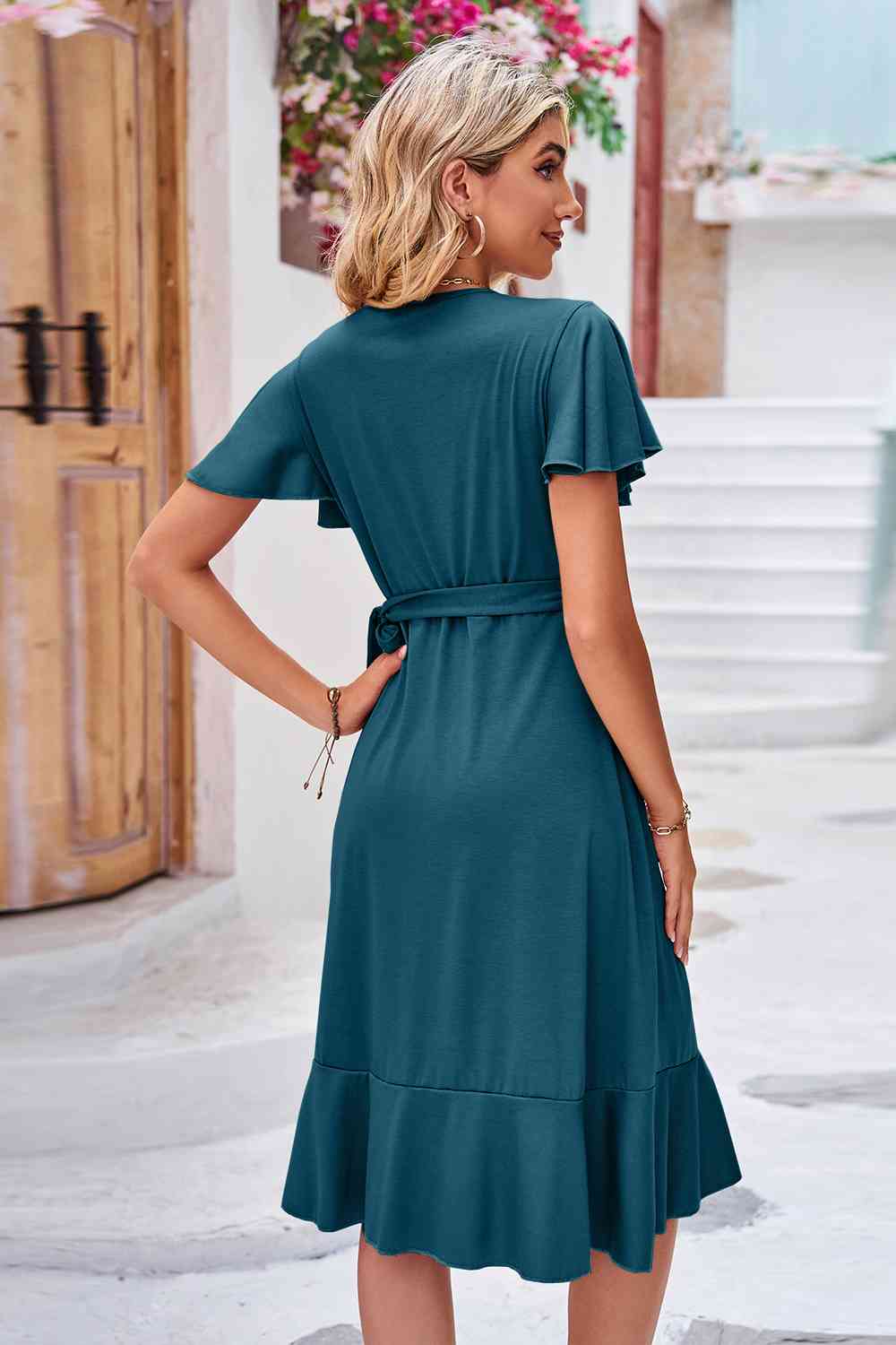 Surplice Neck Flutter Sleeve Dress - TRENDMELO