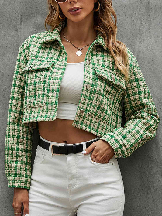 Plaid Button Up Collared Neck Long Sleeve Jacket - TRENDMELO