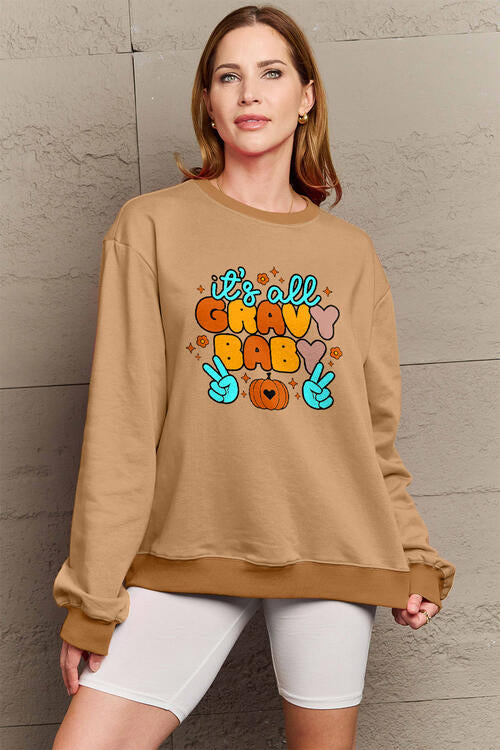 Simply Love Full Size IT'S ALL GRAVY BABY Long Sleeve Sweatshirt - TRENDMELO