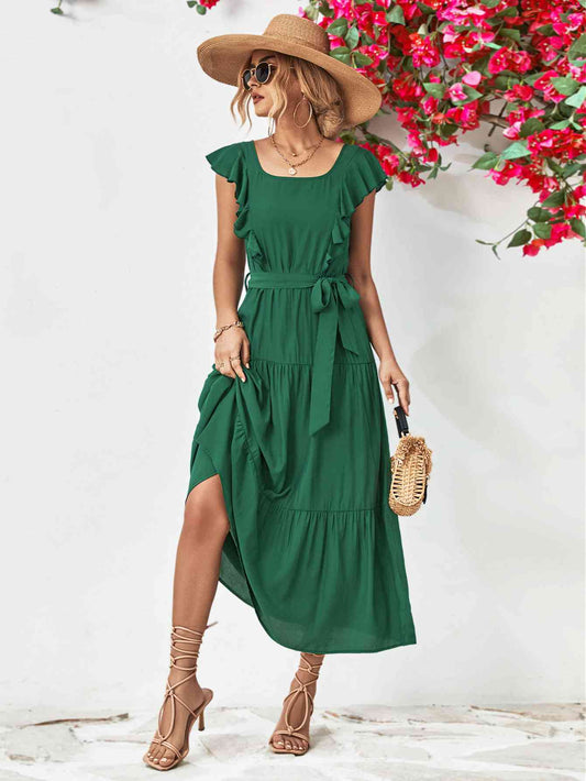 Tie Belt Ruffled Tiered Dress - TRENDMELO