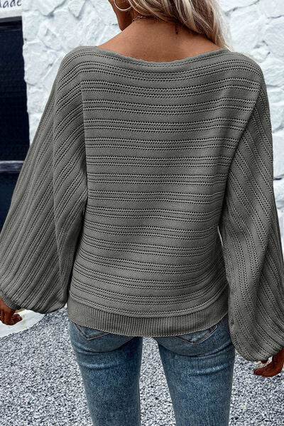 Openwork Boat Neck Lantern Sleeve Sweater - TRENDMELO