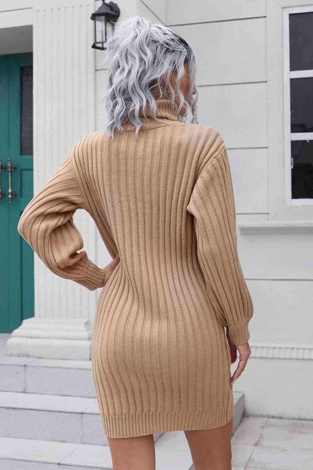 Ribbed Turtle Neck Long Sleeve Mini Sweater Dress - TRENDMELO